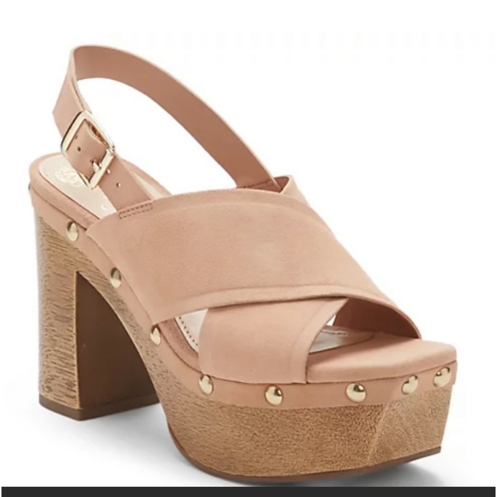 NEW Vince Camuto Women Jenevya Leather Block High Heels Suede Sandals shoes sz 8